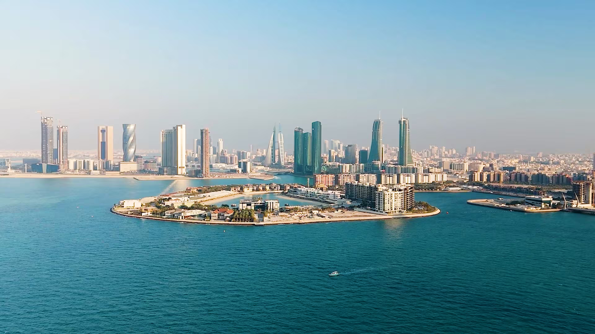 An aerial view across the Manama waterfront and Bahrain's skyline.